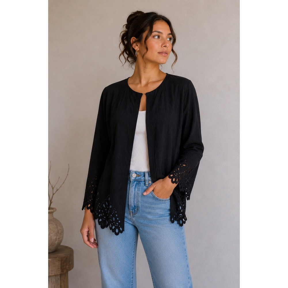 Bob Mackie Black Faux Suede Cardigan Large Long Sleeve Boho Luxe Vintage Glam